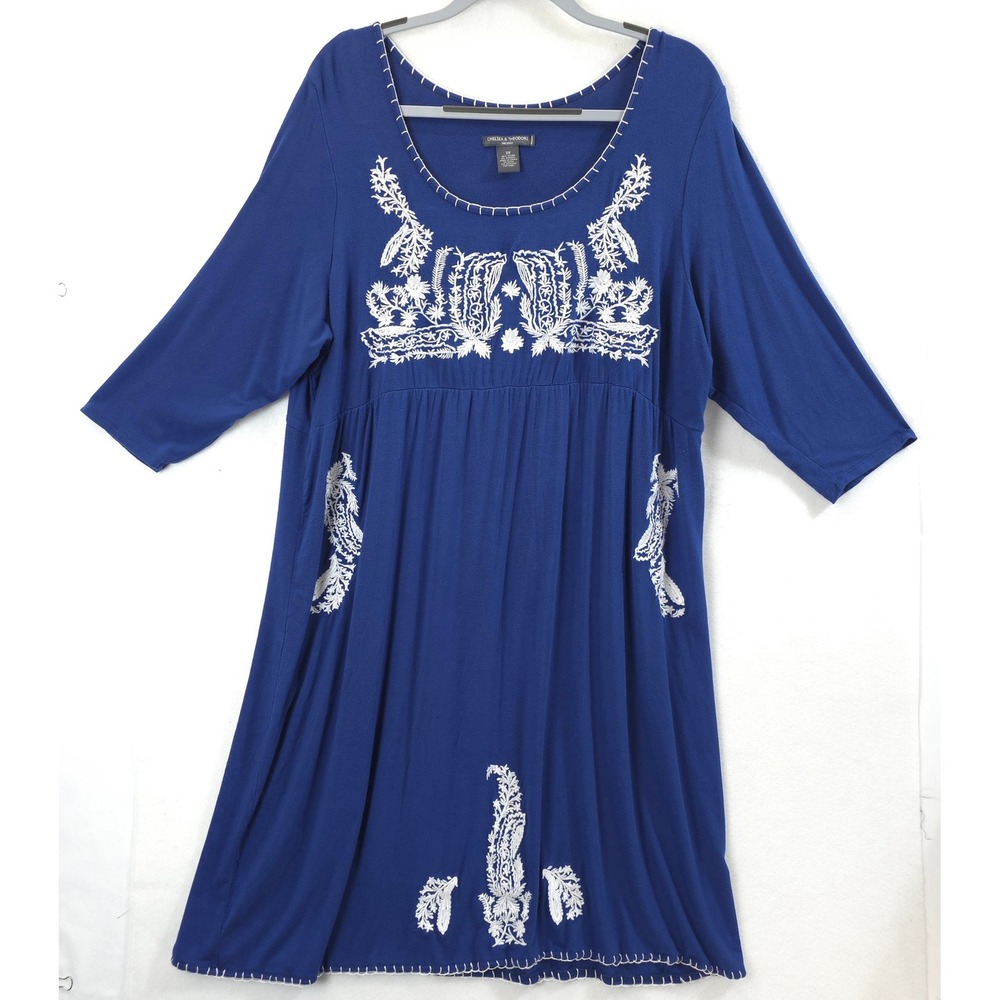 Chelsea & Theodore Dress Embroidered Empire Waist Blue Women 2X Boho Chic